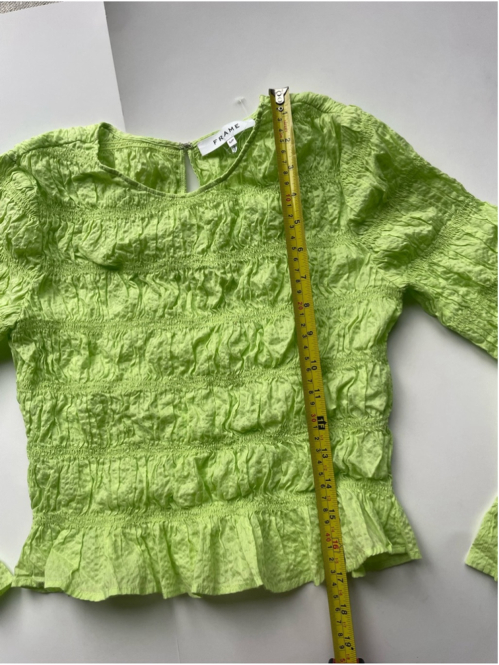 Frame Neon Green Smocked Ruffle Blouse Cotton Long Sleeve Top Small - Picture 7 of 7